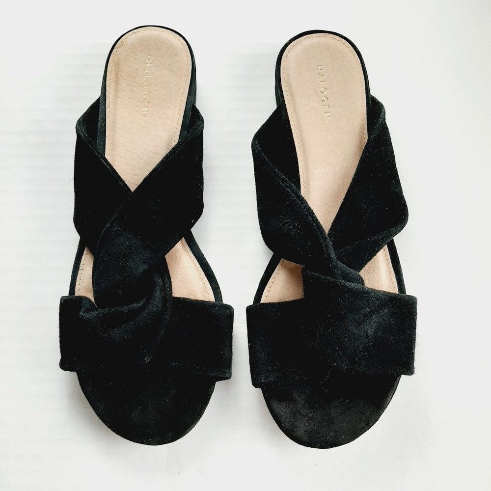 Halogen Women's Twist Front Sandals Size 7 Black Suede Slip-On 1" Heel - Picture 1 of 9
